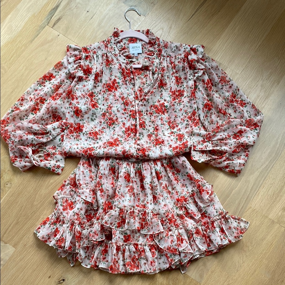 Misa Los Angeles Floral Ruffle Dress. Blouse (S) Skirt (M)